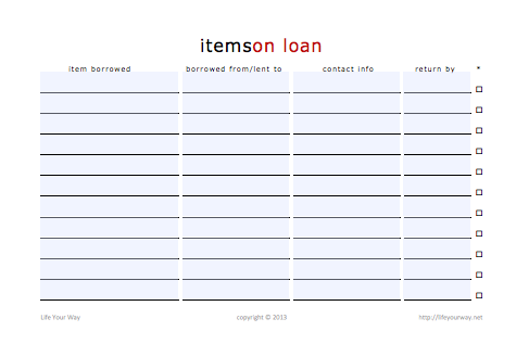 items on loan printable