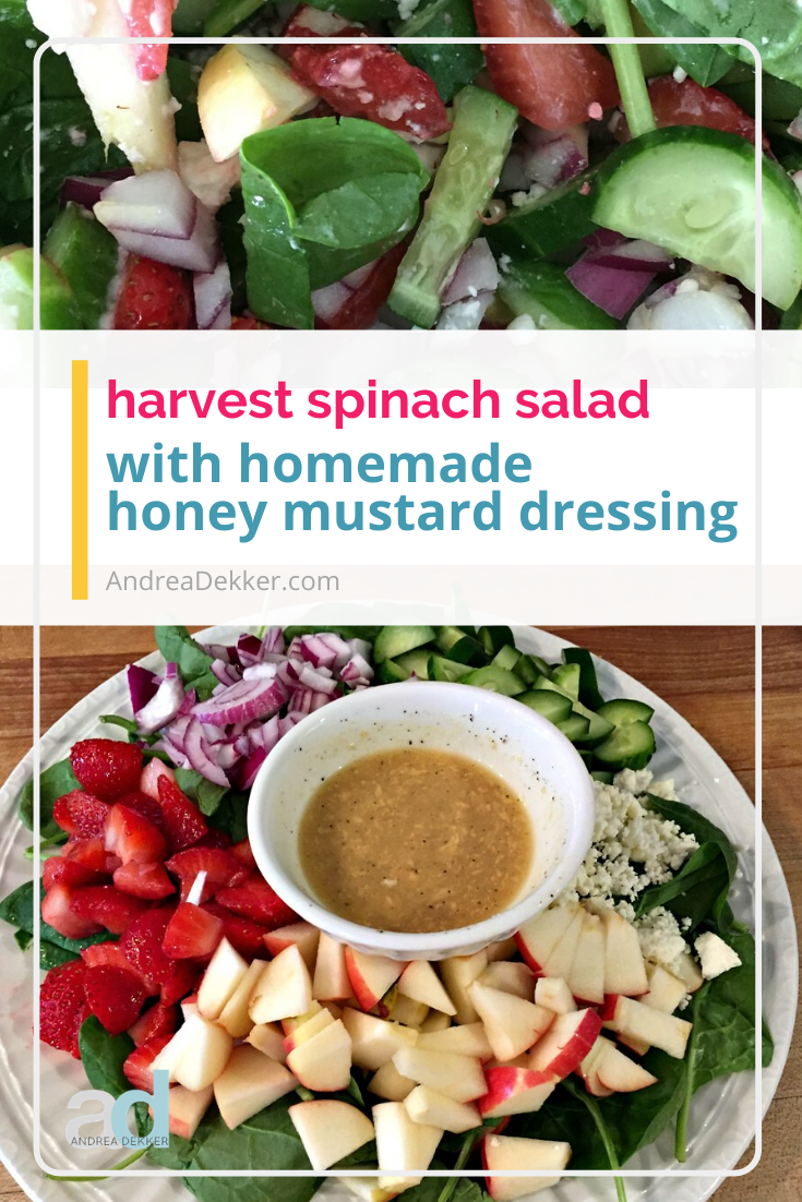 Harvest Spinach Salad is a fantastic "loaded salad" packed with so much produce and smothered in a delicious homemade honey mustard dressing! Enjoy a gourmet-tasting meal while cleaning out your produce drawers! via @andreadekker