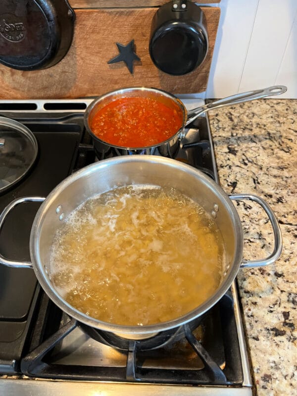 boiling noodles and sauce