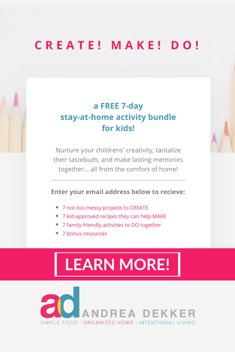 If you have school-age children and could use a little FREE inspiration to keep them busy over the next few weeks, check out this FREE stay-at-home activity bundle for kids! Nurture your children's creativity, tantalize their tastebuds, and make lasting memories together... all from the comfort of home! via @andreadekker