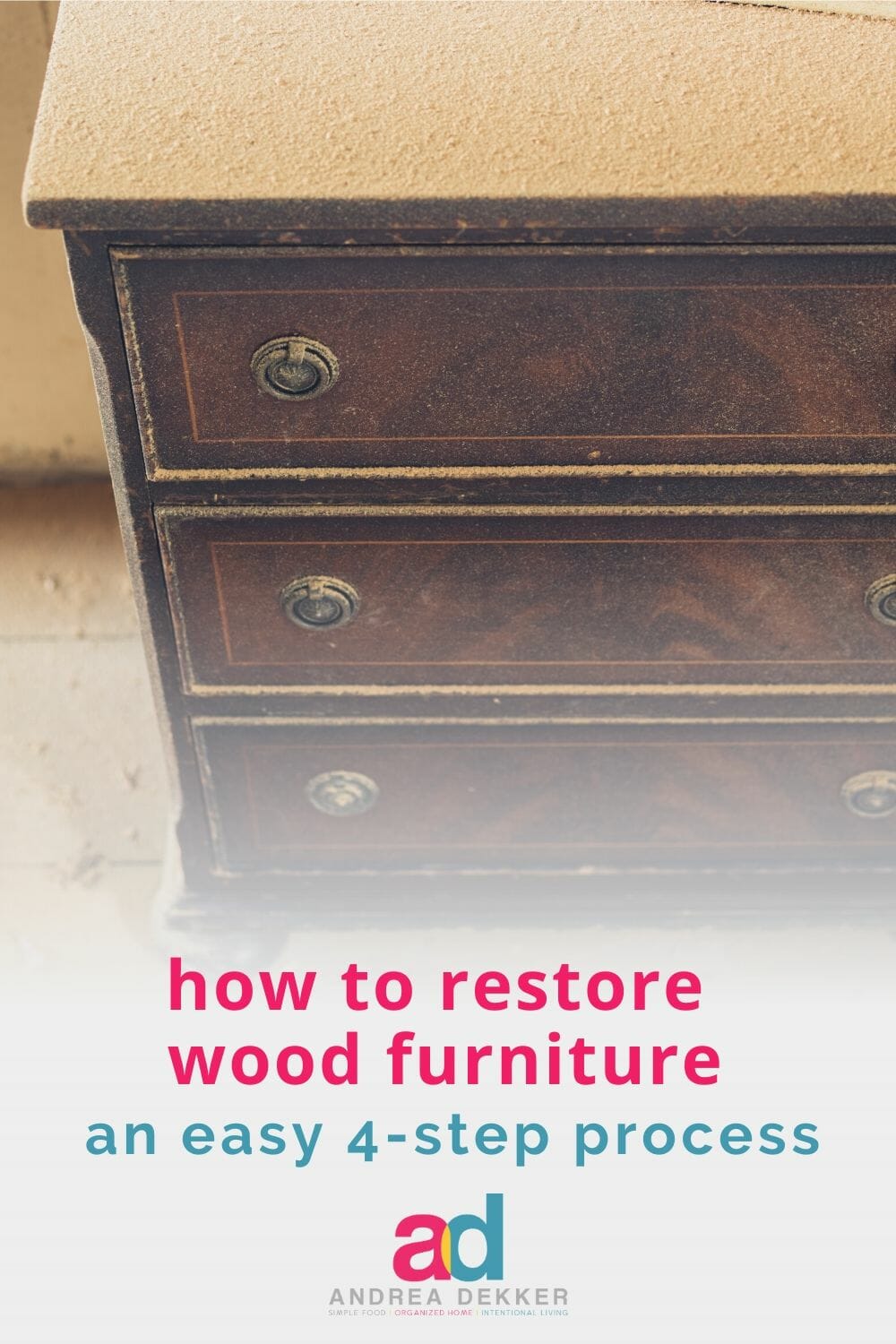 Learn how simple wood furniture restoration can be with this easy 4-step process. Bring a little life back to your favorite wood furniture -- no elbow grease or expensive products required! via @andreadekker