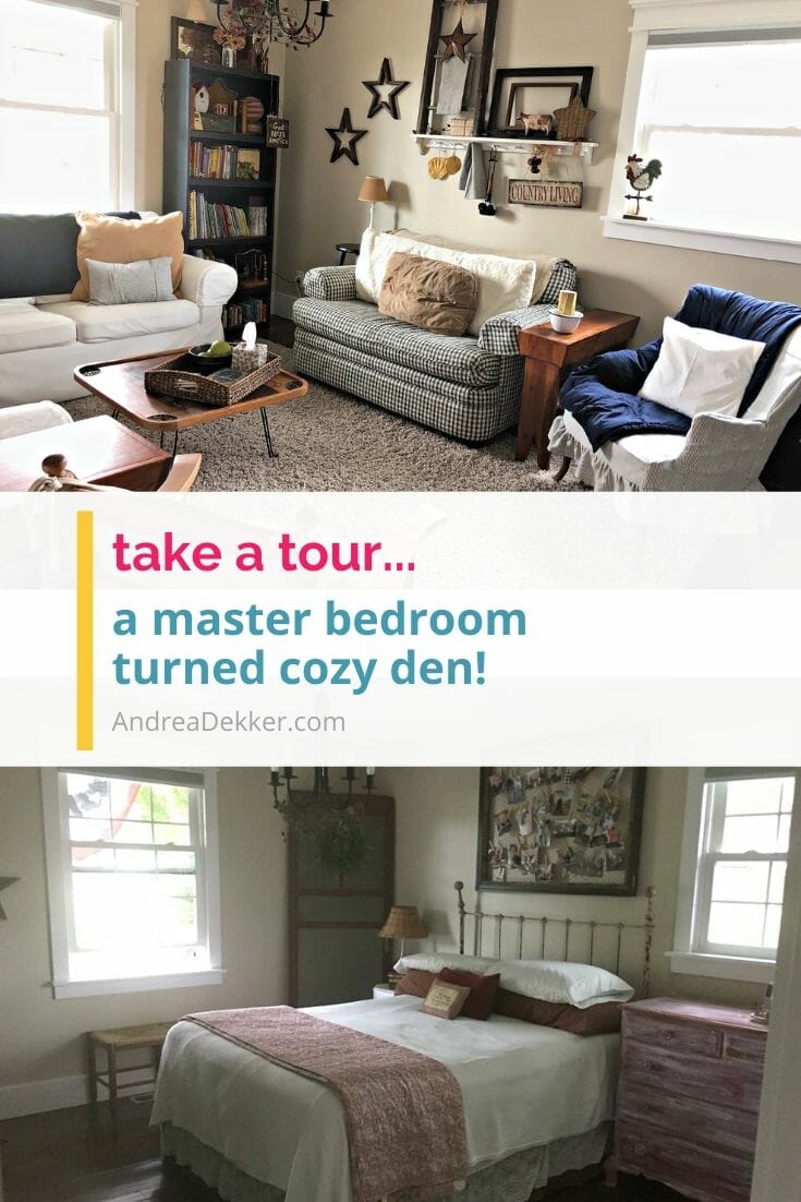 From master bedroom to cozy farmhouse den -- check out this amazing (and super frugal) transformation! via @andreadekker