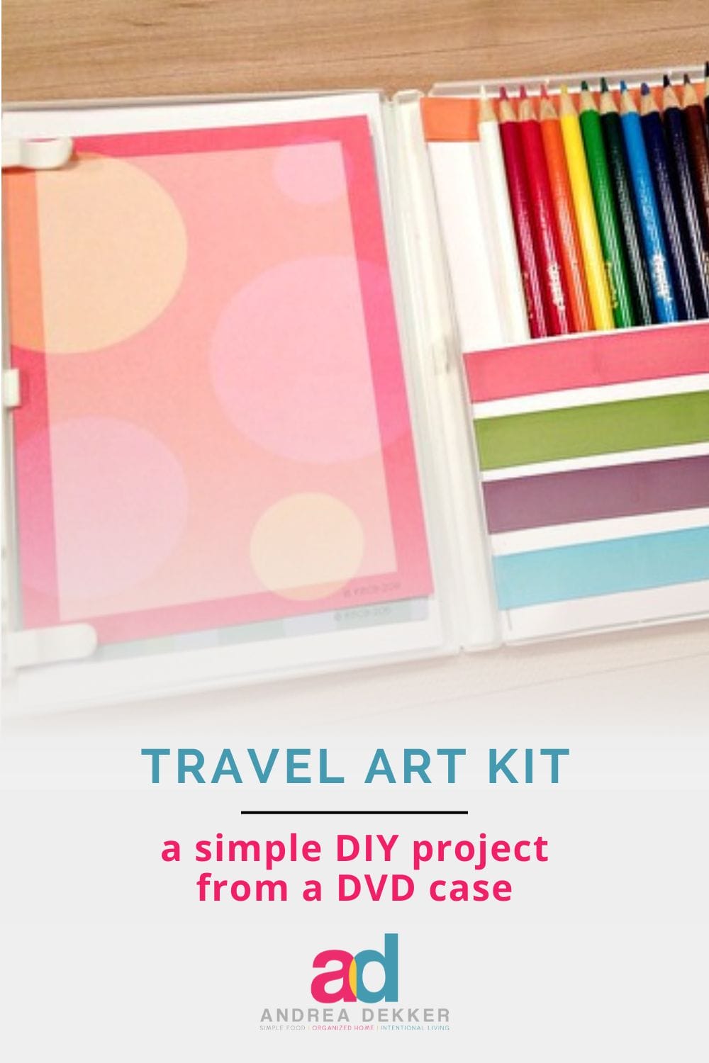 This super simple, DIY travel art kit fits in almost any bag and will keep your kiddos entertained and engaged without a screen! via @andreadekker